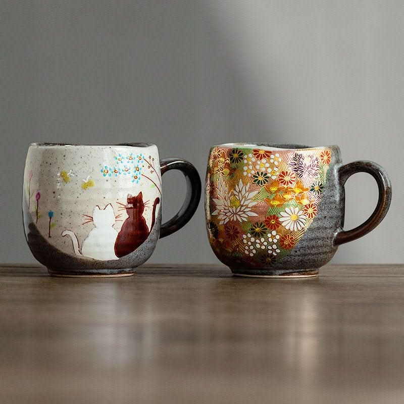Japanese Kutani Yaki Golden Flower Cup, cat motif ceramic coffee/tea mug, 8.45oz.